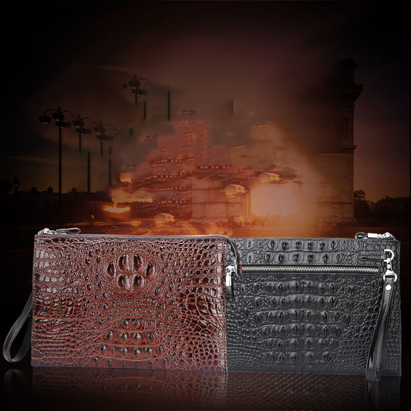 A4 Men's Genuine Leather Underarm Bag Zipper Cowhide Crocodile Pattern Men's Mobile Phone Bag
